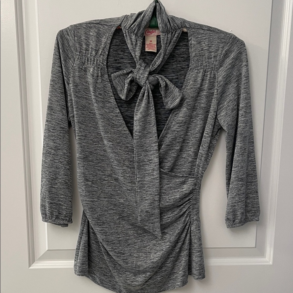 Candie's Gray Tie-Neck Wrap Blouse